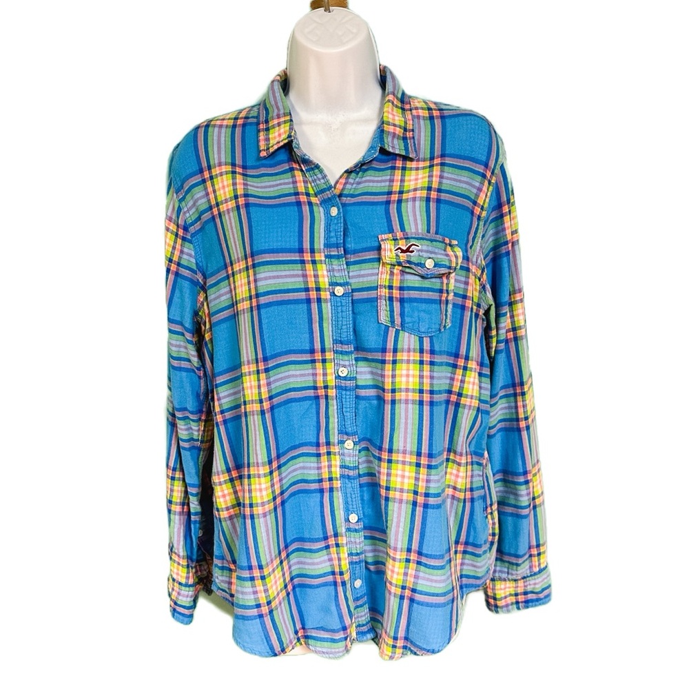Hollister Y2K Blue & Multicolor Plaid Button Down Seagull Chest Pocket Womens L
